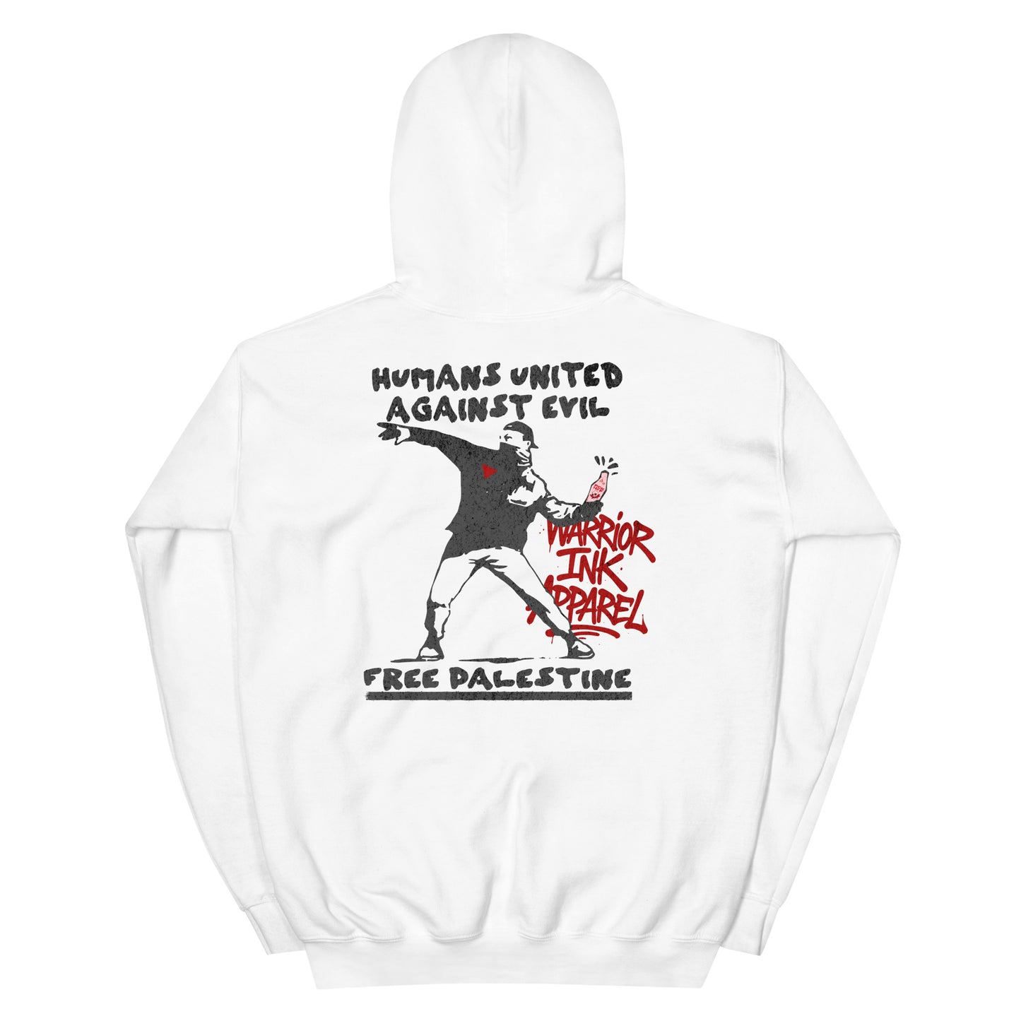 White “Humans United Against Evil – Free Palestine” hoodie by Warrior Ink Apparel.