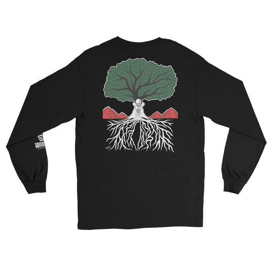 Back view of EMBRACE YOUR ROOTS Palestine long sleeve shirt with roots-inspired artwork