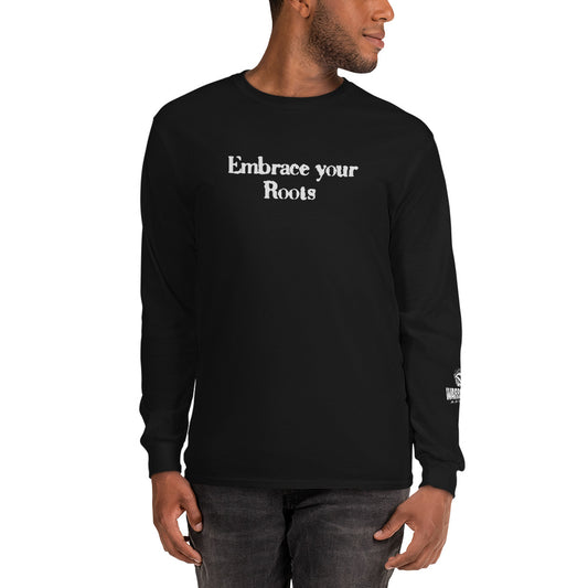 Model wearing EMBRACE YOUR ROOTS Palestine long sleeve shirt from the Mo Hamz Collection