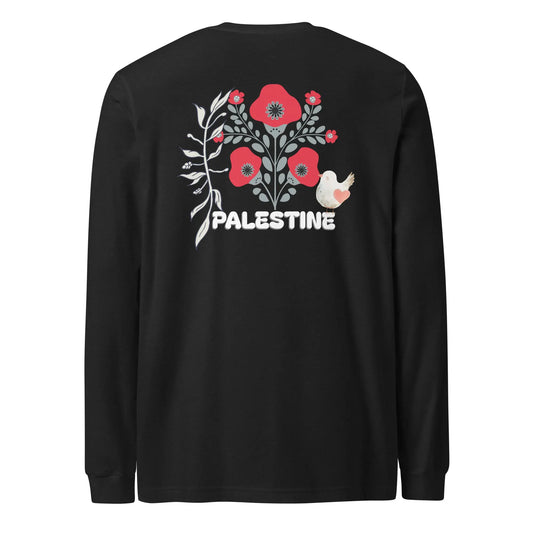 Warrior Ink Watermelon Edition Long Sleeve – Black long sleeve with Watermelon Edition logo on the front and Palestinian floral art on the back.