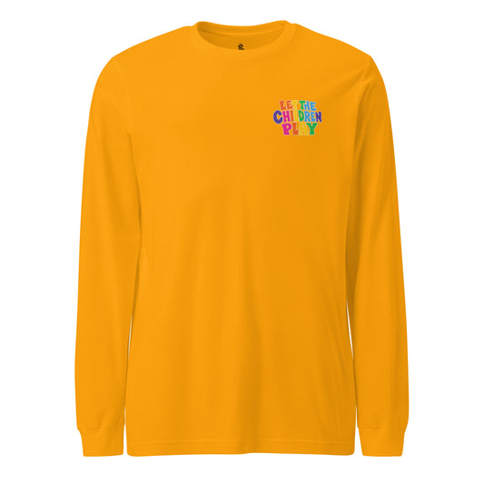 Gold Palestine long sleeve shirt with colorful Let the Children Play chest graphic