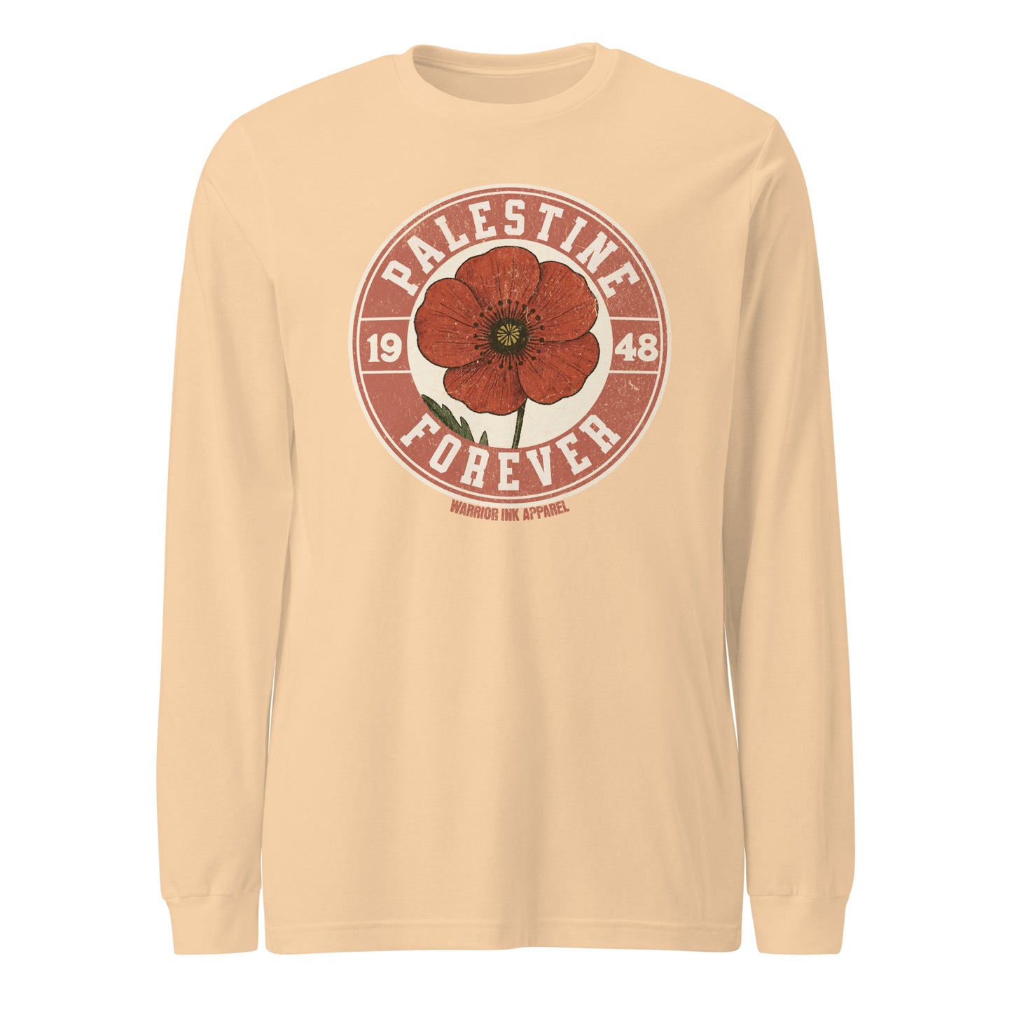 Long sleeve tee with vintage “Palestine Forever 1948” red poppy design. A soft, breathable layer to honor resistance and heritage.