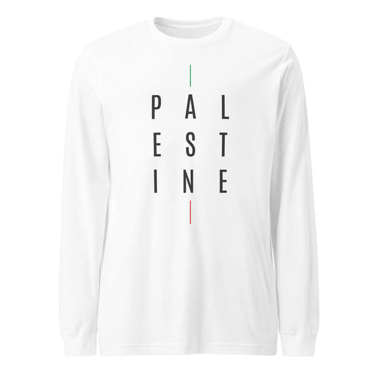 Front view of the Palestine Minimal Long Sleeve Tee in white, featuring the word "PALESTINE" arranged vertically in black text, accented with a small red and green detail at the top and bottom.
A clean, bold, and timeless staple for those who stand in solidarity.
