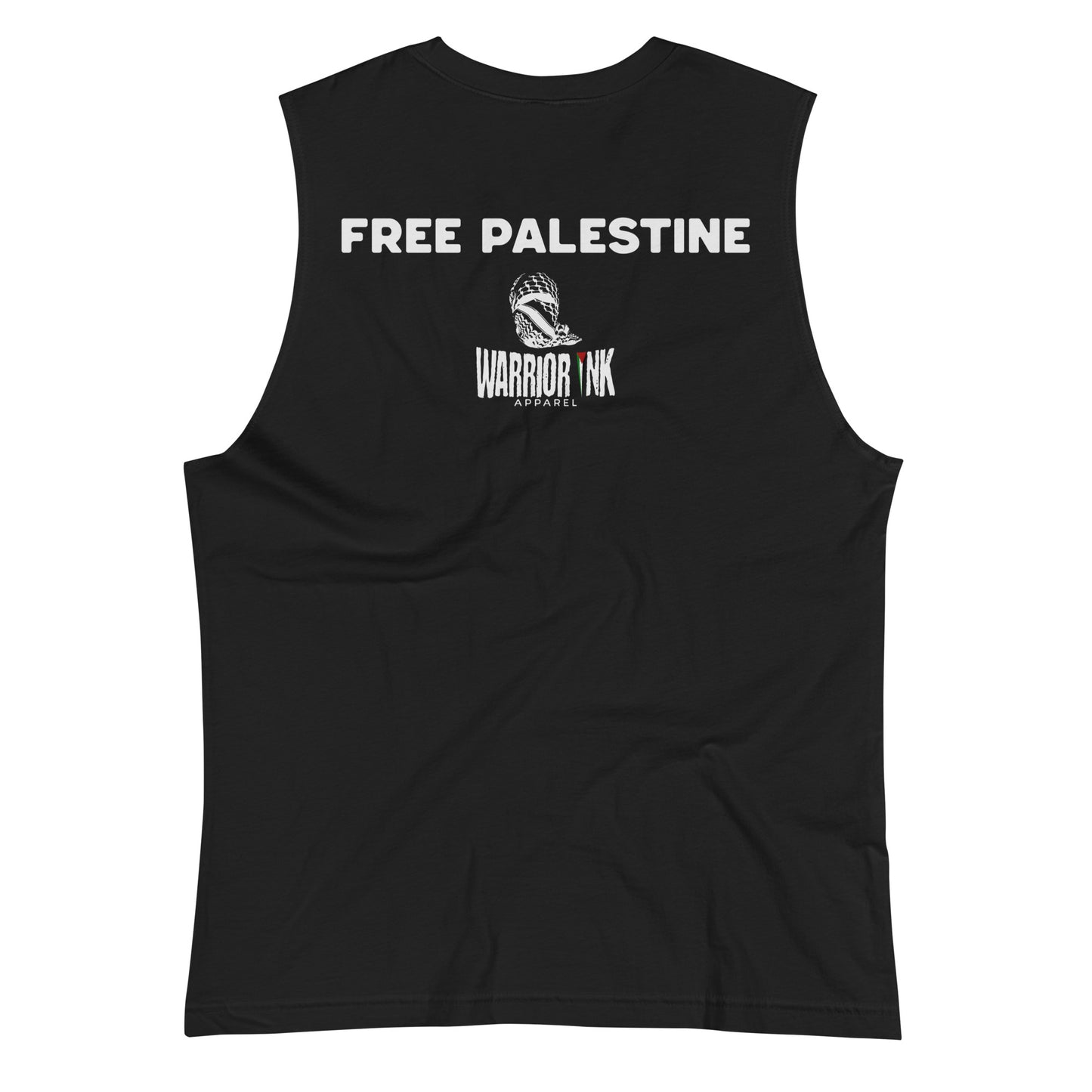 White muscle tank top with “PALESTINA LIBRE” text and distressed red/green stripes across the chest.