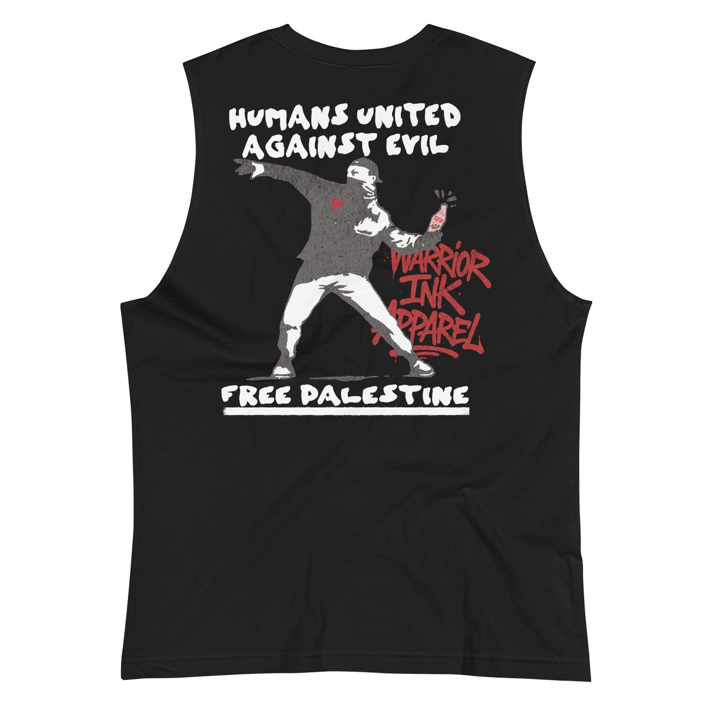 Free Palestine muscle tank with Humans United Against Evil artwork on back