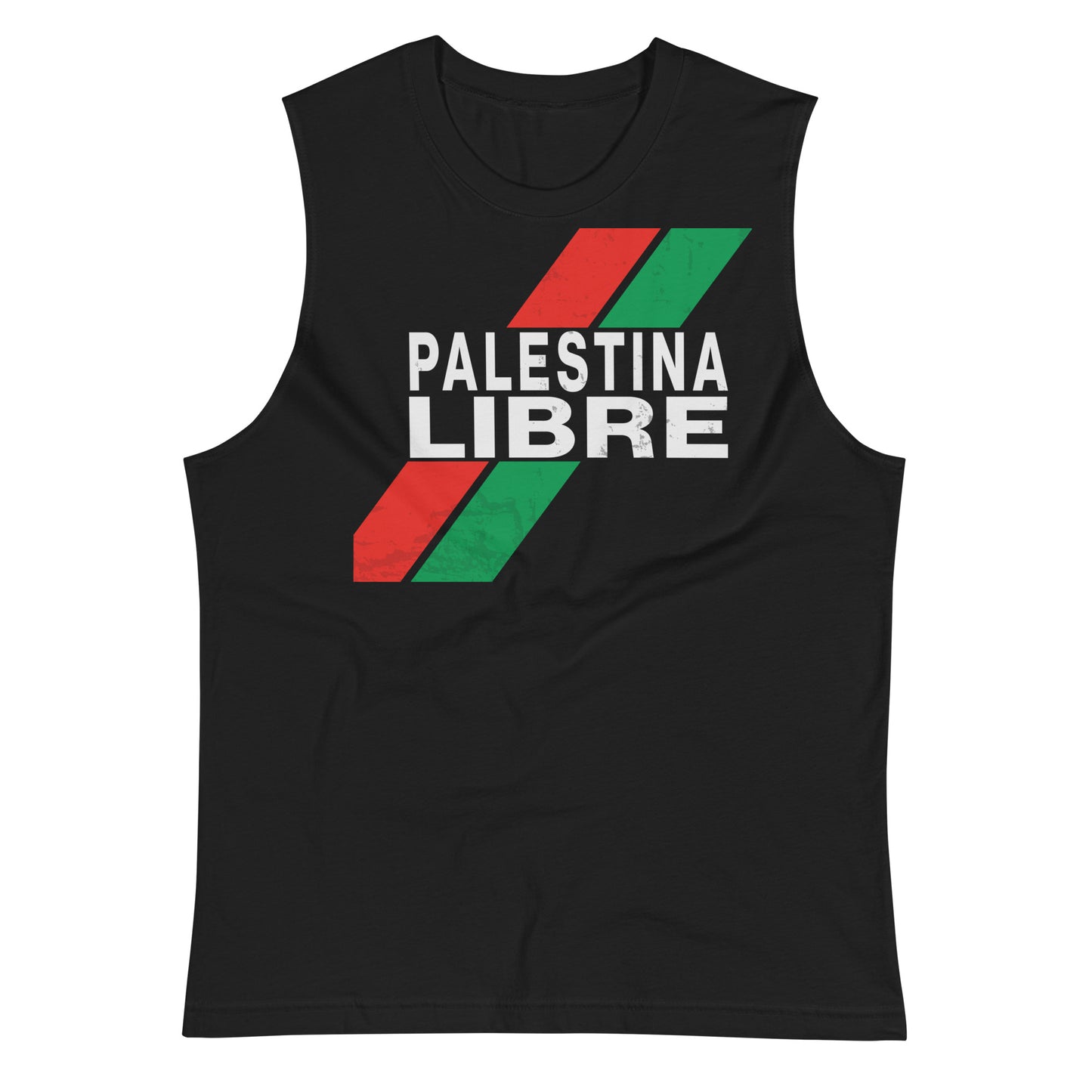 White muscle tank top with “PALESTINA LIBRE” text and distressed red/green stripes across the chest.