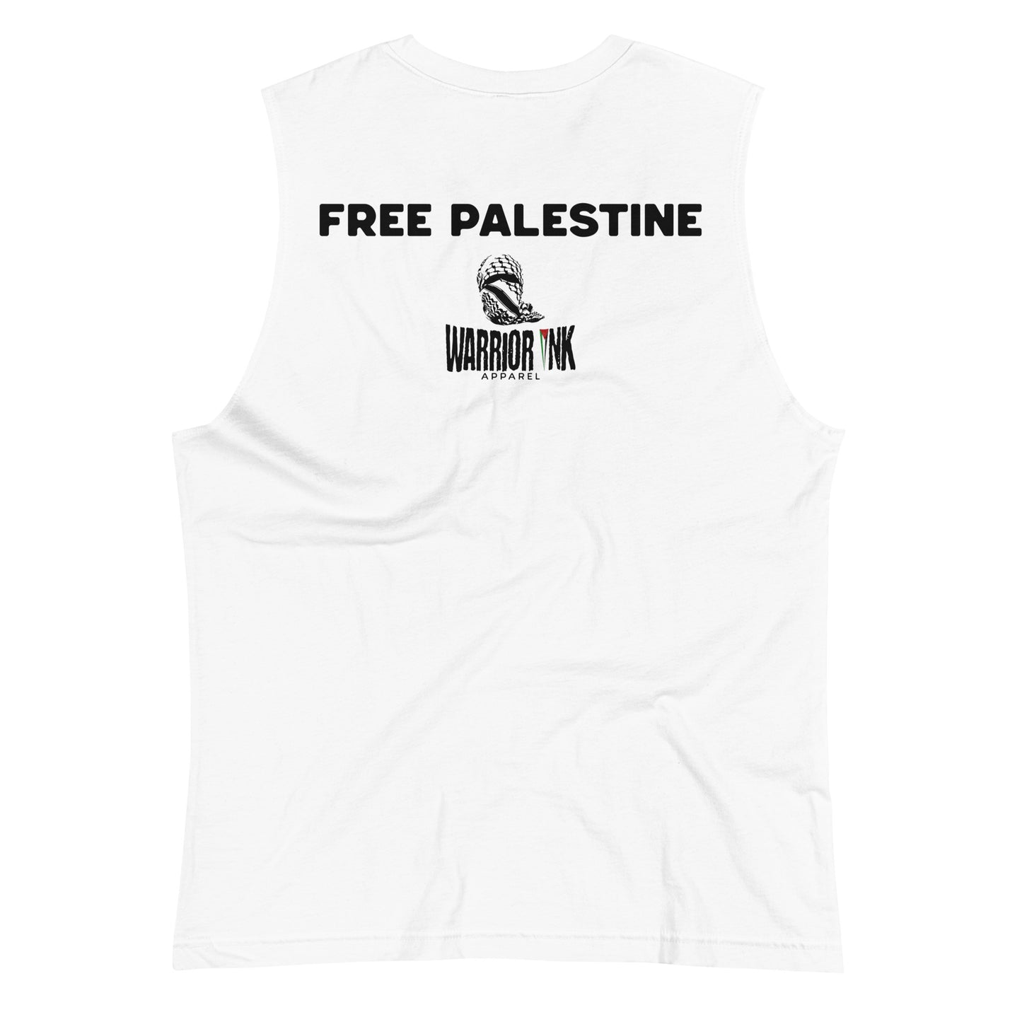 White muscle tank top with “PALESTINA LIBRE” text and distressed red/green stripes across the chest.