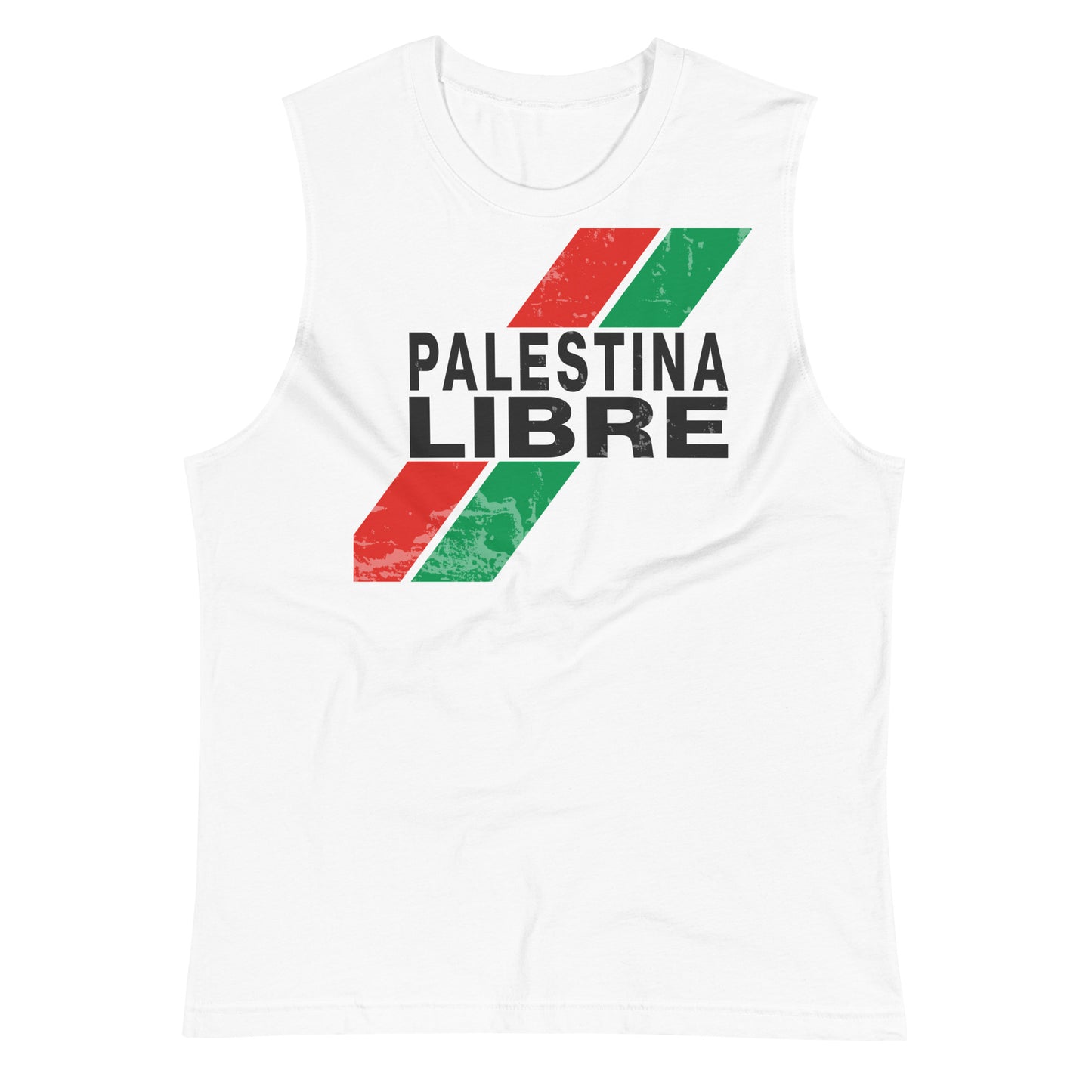 White muscle tank top with “PALESTINA LIBRE” text and distressed red/green stripes across the chest.