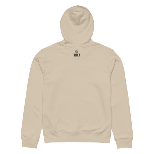 Streetwear hoodie with bold graphic design and typography on front