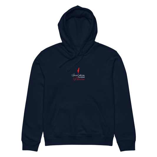 Front view of STAND WITH PALESTINE organic hoodie with chest graphic