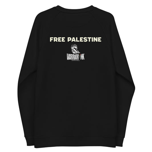 Sweatshirt with “FREE PALESTINE” text above the Warrior Ink Apparel logo centered between the shoulders.