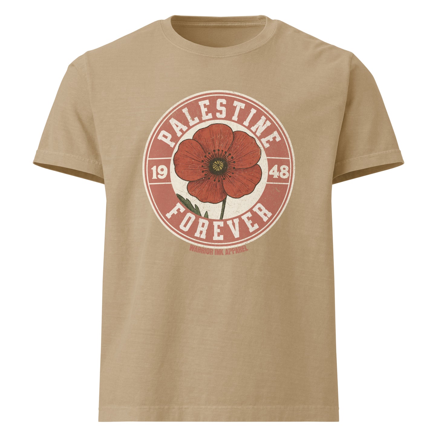 Vintage-style graphic t-shirt featuring a distressed red poppy with bold text “Palestine Forever 1948” in a circular stamp layout.