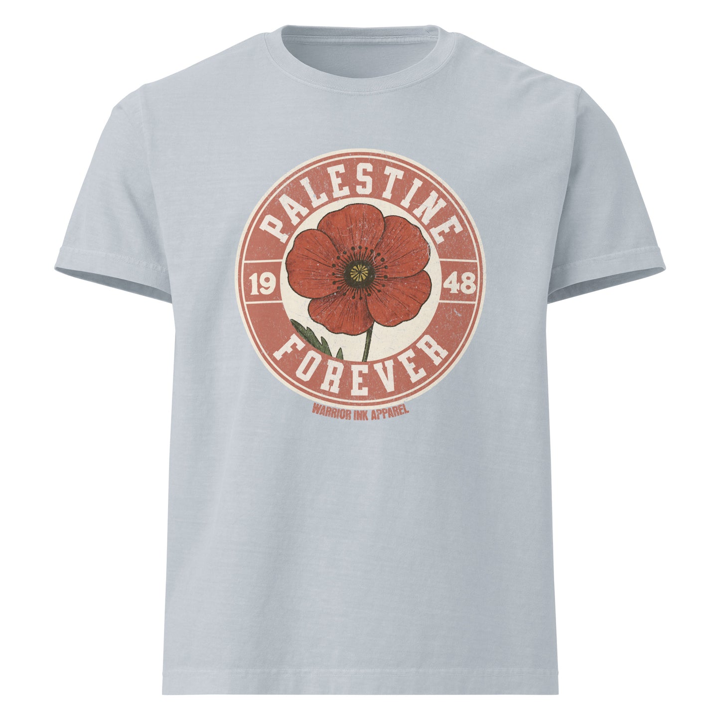 Vintage-style graphic t-shirt featuring a distressed red poppy with bold text “Palestine Forever 1948” in a circular stamp layout.