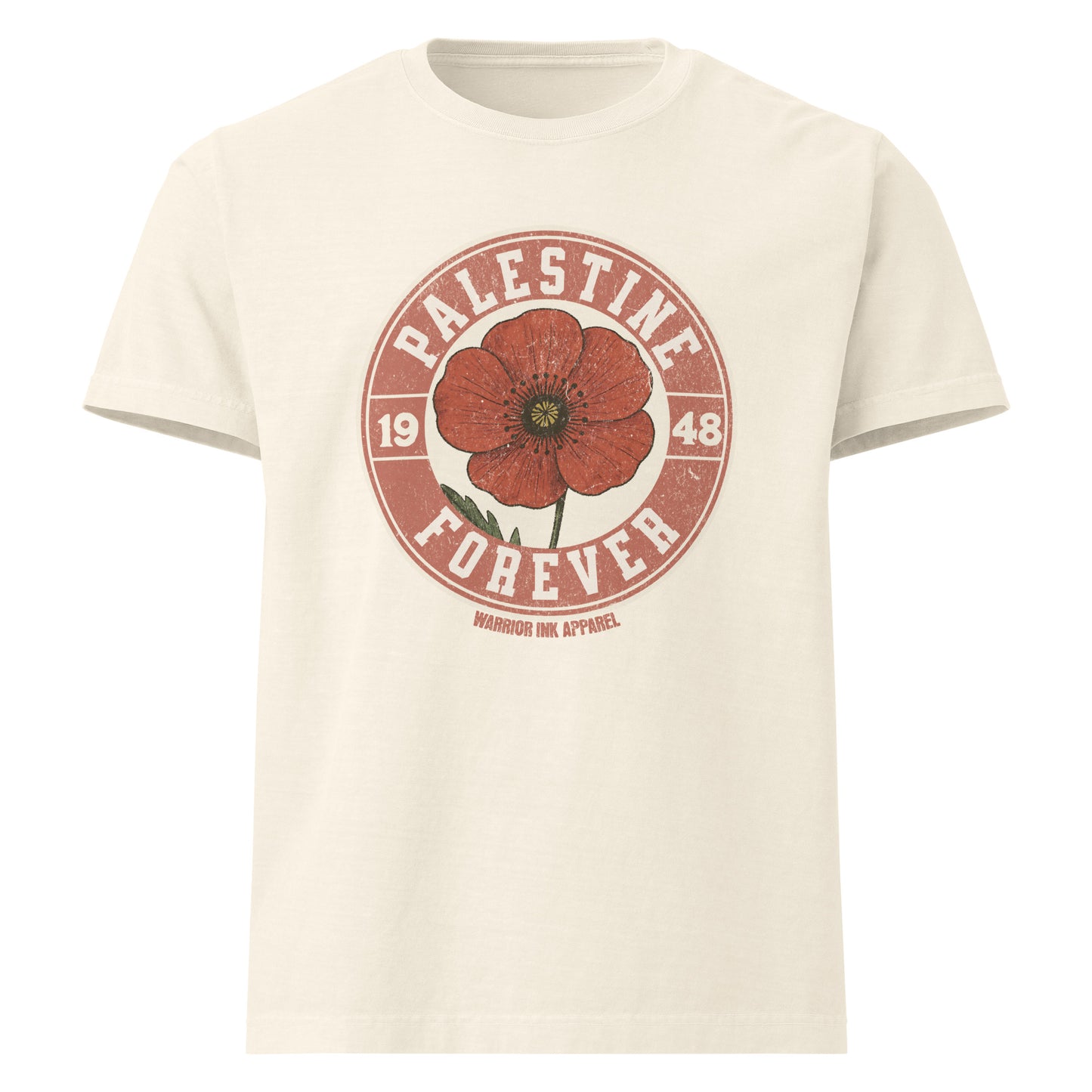 Vintage-style graphic t-shirt featuring a distressed red poppy with bold text “Palestine Forever 1948” in a circular stamp layout.