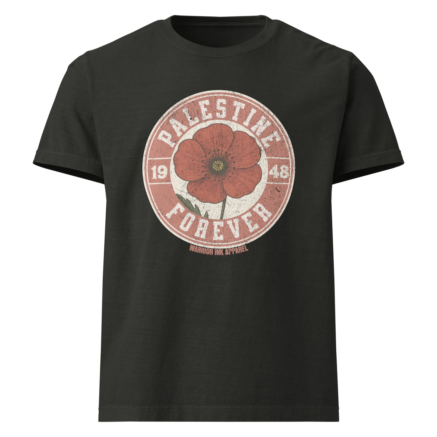 Vintage-style graphic t-shirt featuring a distressed red poppy with bold text “Palestine Forever 1948” in a circular stamp layout.