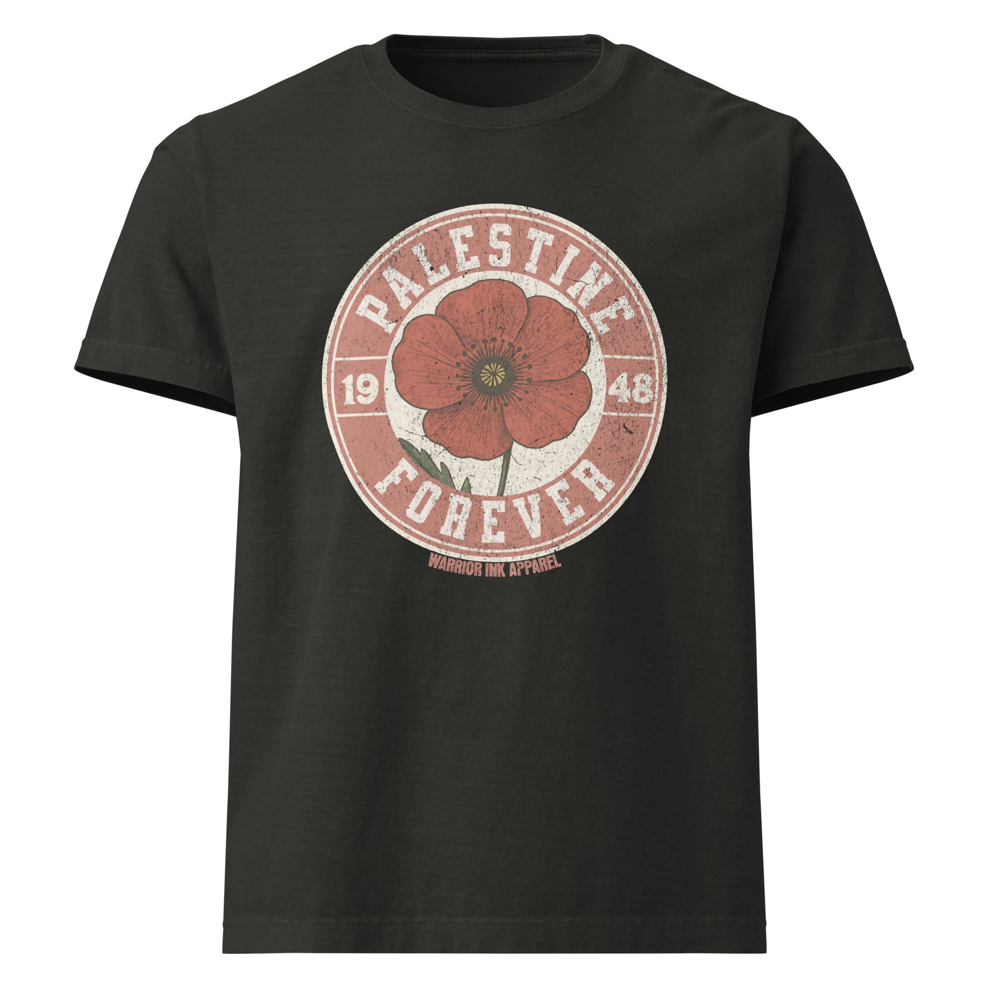 Vintage-style graphic t-shirt featuring a distressed red poppy with bold text “Palestine Forever 1948” in a circular stamp layout.