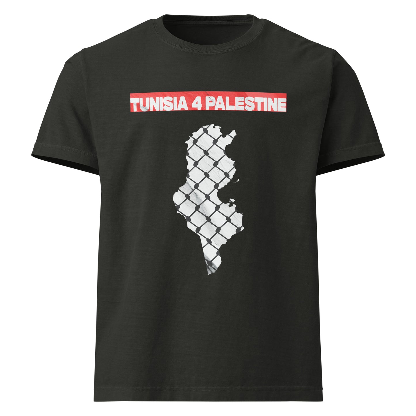 Black oversized t-shirt featuring the outline of Tunisia filled with a white resistance fence pattern and bold red text "TUNISIA 4 PALESTINE" above.