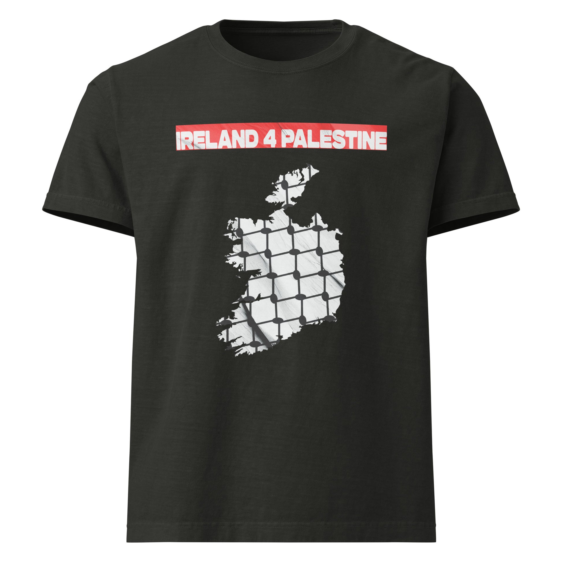 Black oversized t-shirt showing the silhouette of Ireland overlaid with a resistance fence texture and red bold text “IRELAND 4 PALESTINE” at the top.