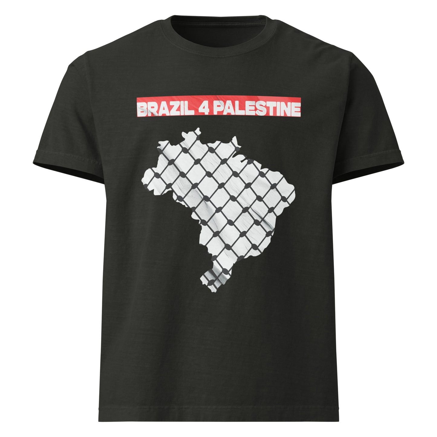 Black heavyweight tee with Brazil’s outline covered in resistance fence texture and bold red text “BRAZIL 4 PALESTINE” at the top.