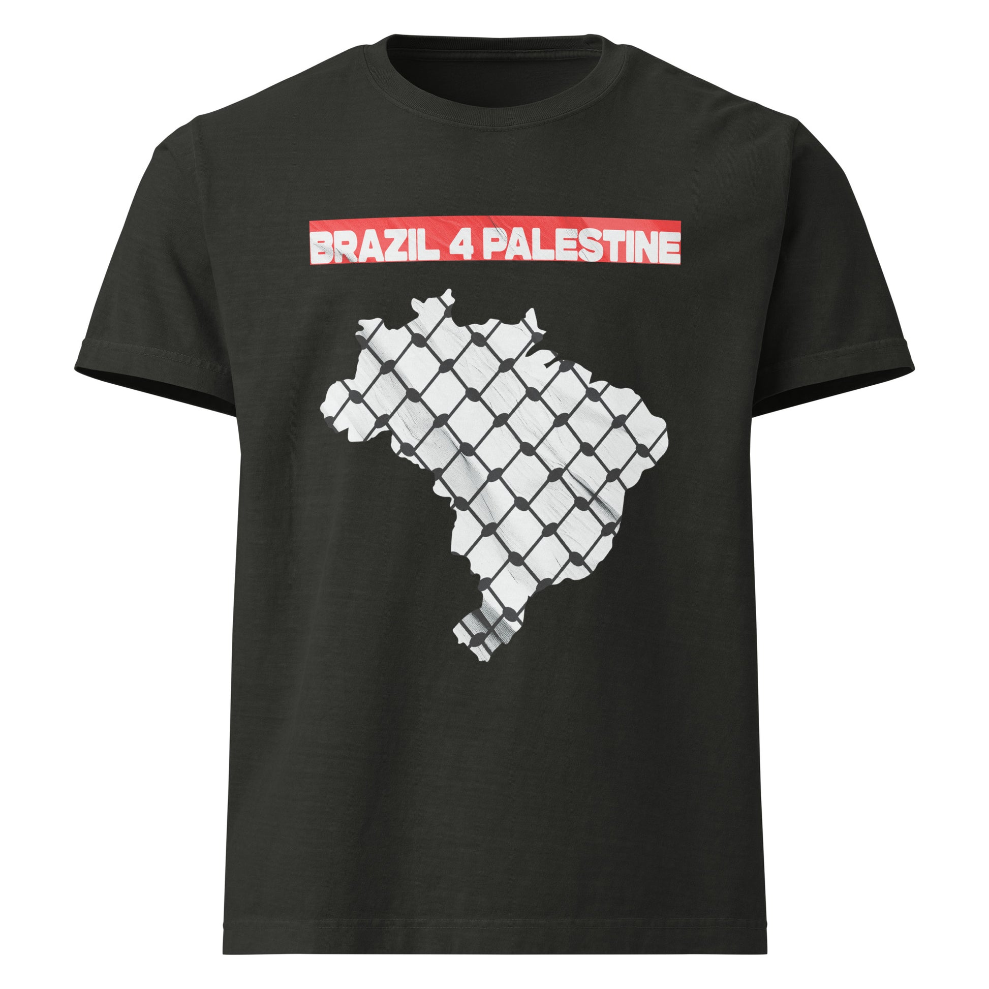 Black heavyweight tee with Brazil’s outline covered in resistance fence texture and bold red text “BRAZIL 4 PALESTINE” at the top.
