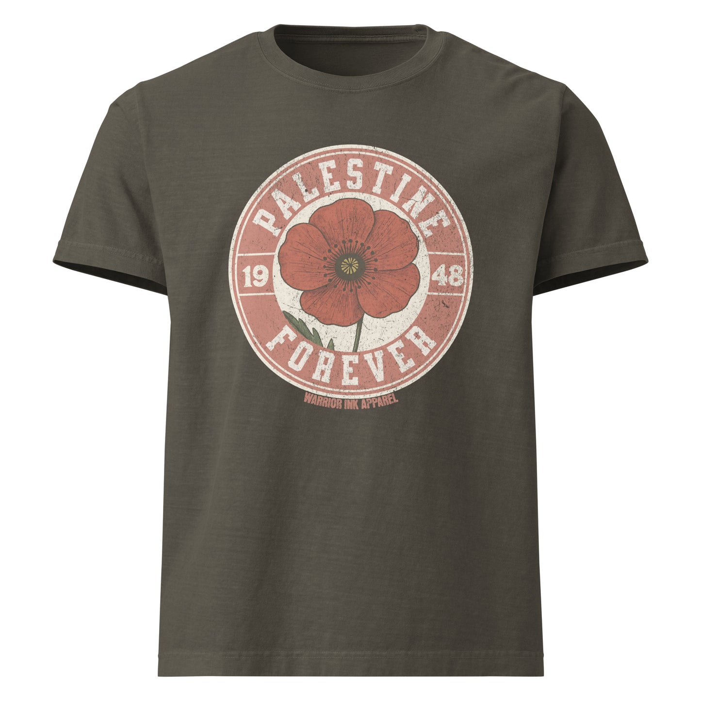 Vintage-style graphic t-shirt featuring a distressed red poppy with bold text “Palestine Forever 1948” in a circular stamp layout.