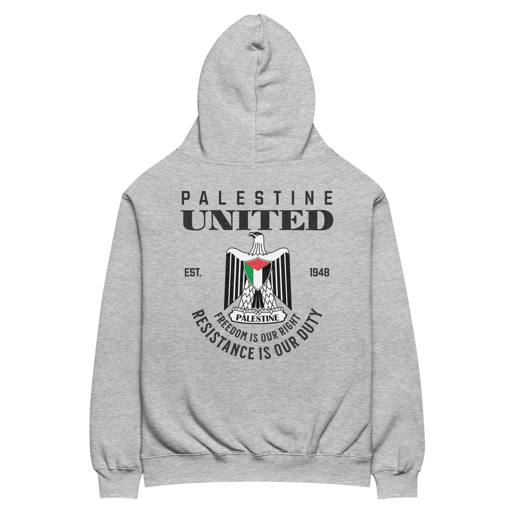 Palestine United Hoodie – Oversized fit with Palestinian coat of arms and resistance message in bold typography.