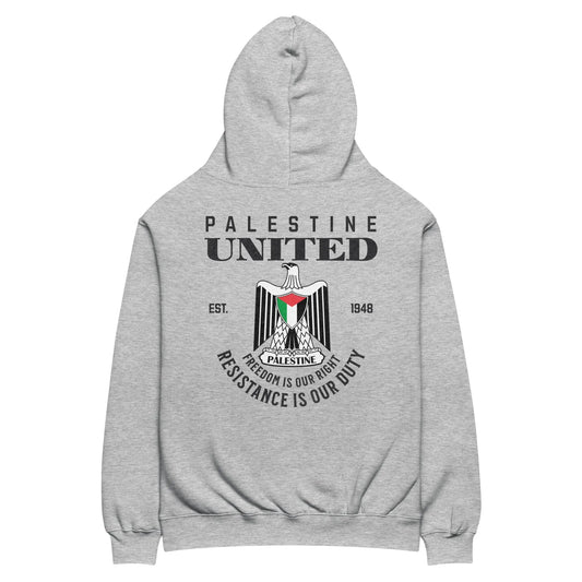 Palestine United Hoodie – Oversized fit with Palestinian coat of arms and resistance message in bold typography.