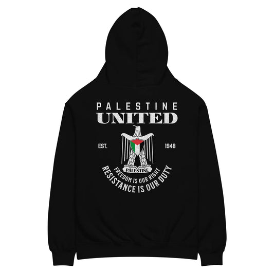 Palestine United Hoodie – Oversized fit with Palestinian coat of arms and resistance message in bold typography.