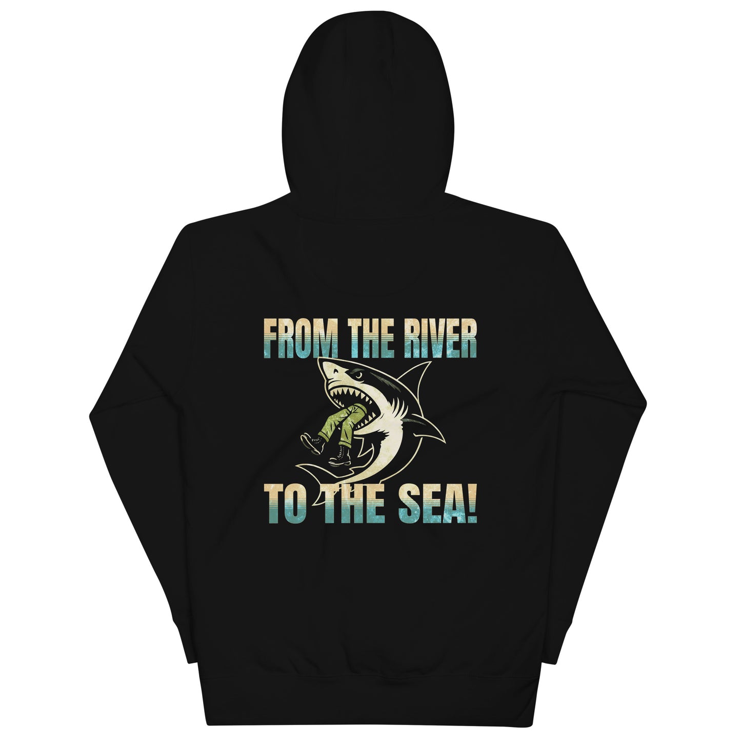 Illustration of a shark biting a soldier with bold “From The River To The Sea” text across the back