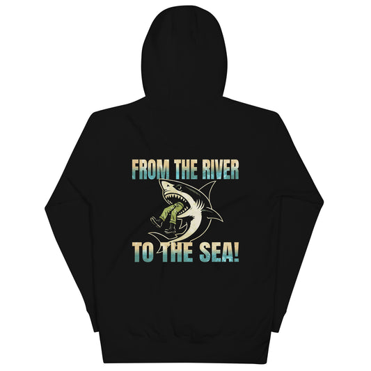 Illustration of a shark biting a soldier with bold “From The River To The Sea” text across the back