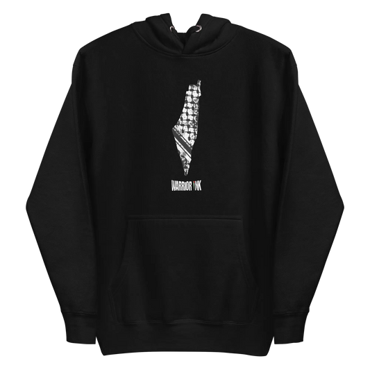 Black 7atta Map Palestine Hoodie featuring the map of Palestine with keffiyeh detailing and "7atta" text, symbolizing resilience. Designed by Warrior Ink Co.