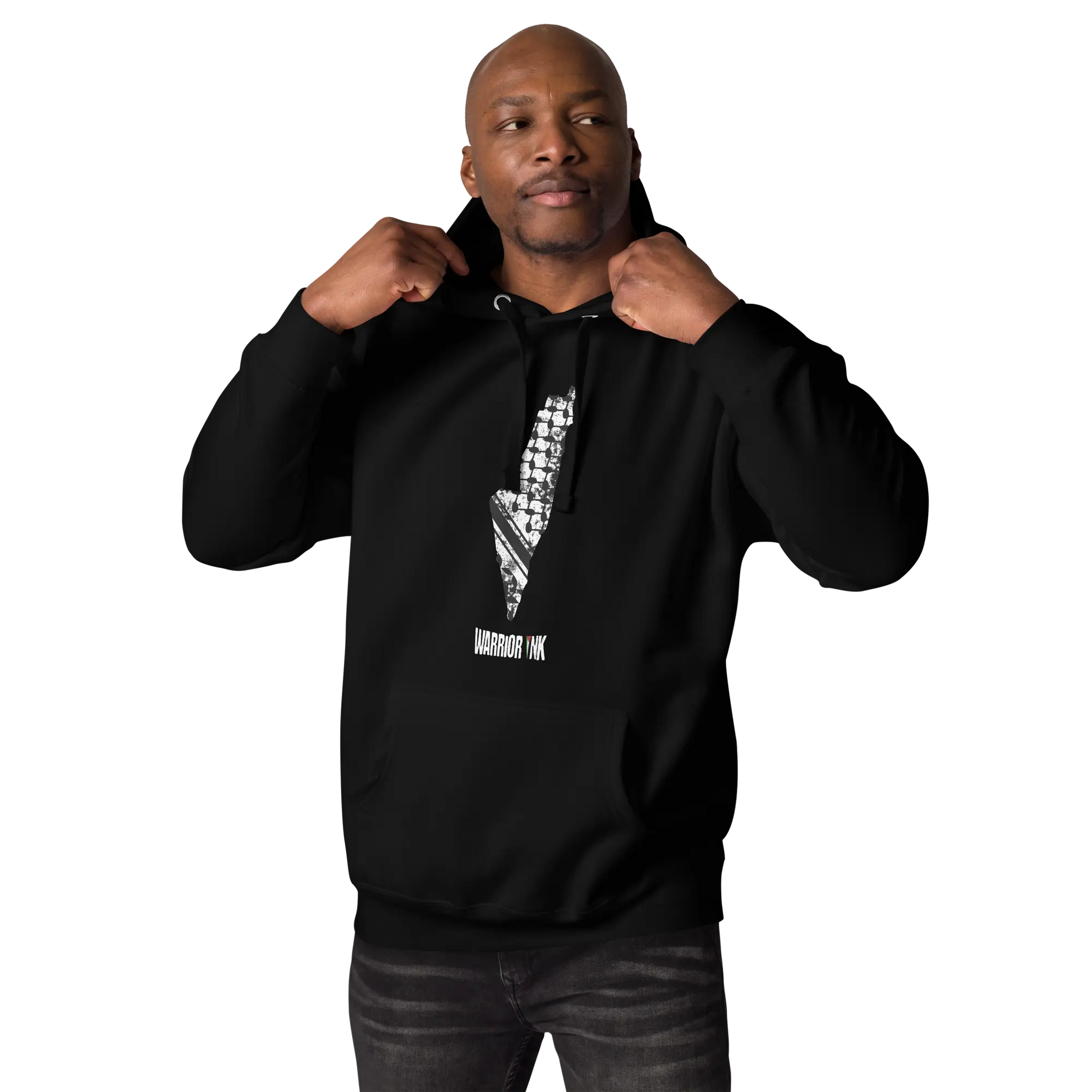 Model wearing the Black 7atta Map Palestine Hoodie, adjusting the hood while showcasing the keffiyeh-printed Palestine map design.