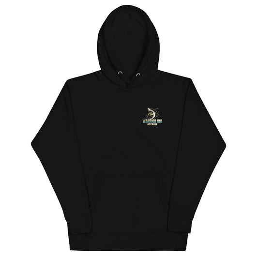 Black hoodie with Warrior Ink Apparel logo featuring a shark on the left chest