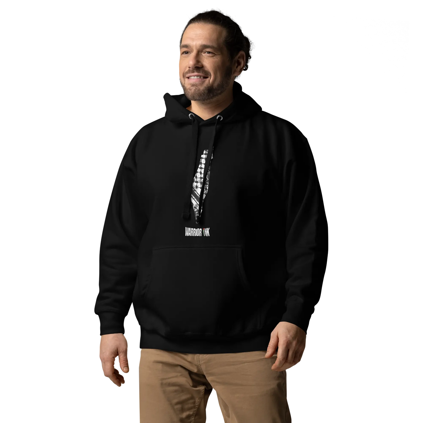 Model posing in the Black 7atta Map Palestine Hoodie, proudly displaying the statement design of Palestine’s map and "7atta" text.