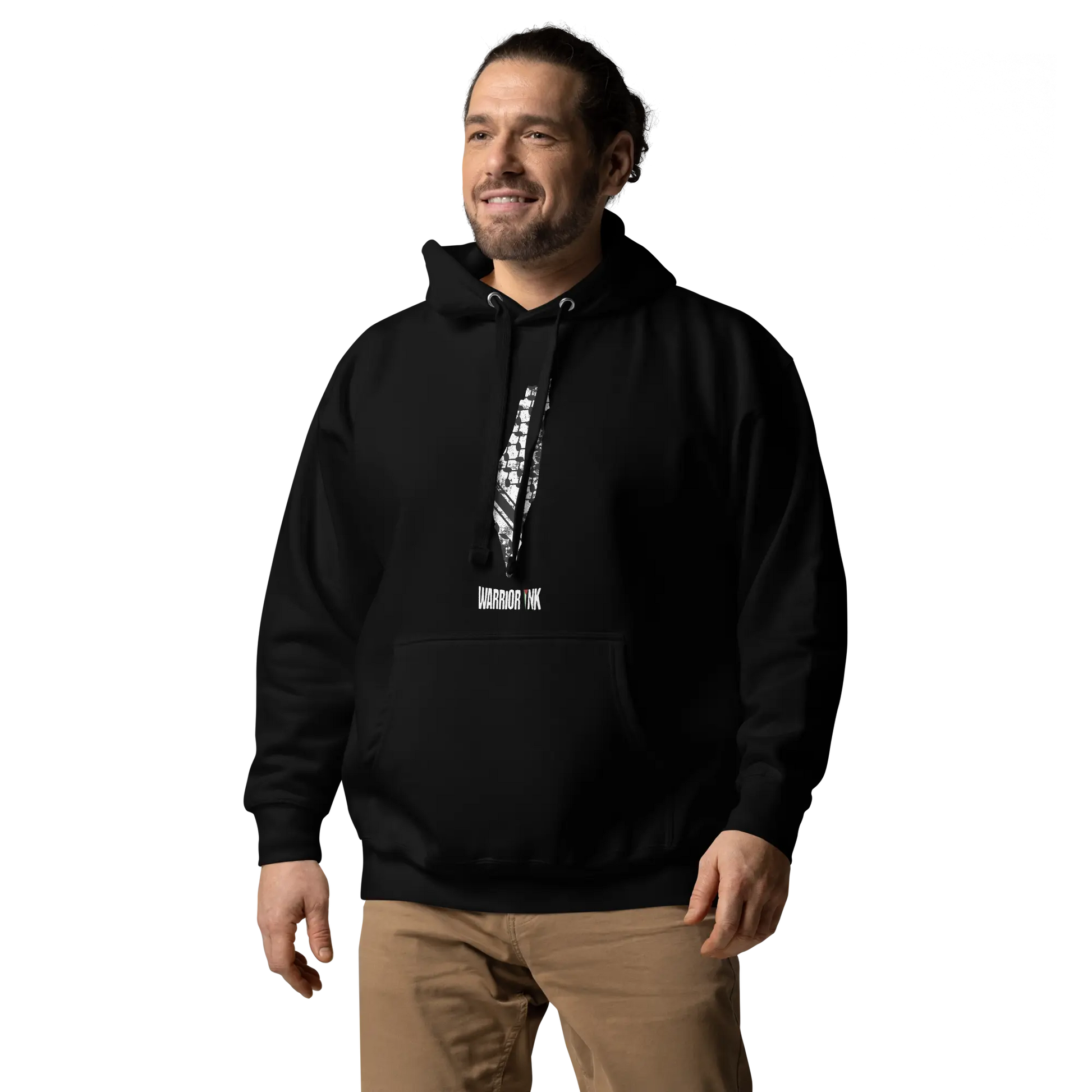Model posing in the Black 7atta Map Palestine Hoodie, proudly displaying the statement design of Palestine’s map and "7atta" text.