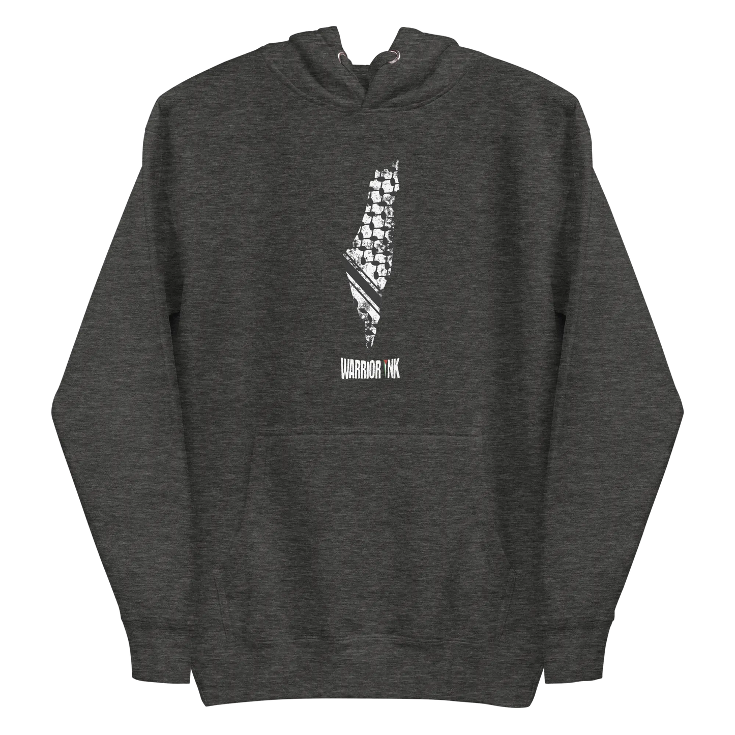 Dark Gray 7atta Map Palestine Hoodie with a minimalist front design, incorporating the Palestinian map and traditional keffiyeh elements.
