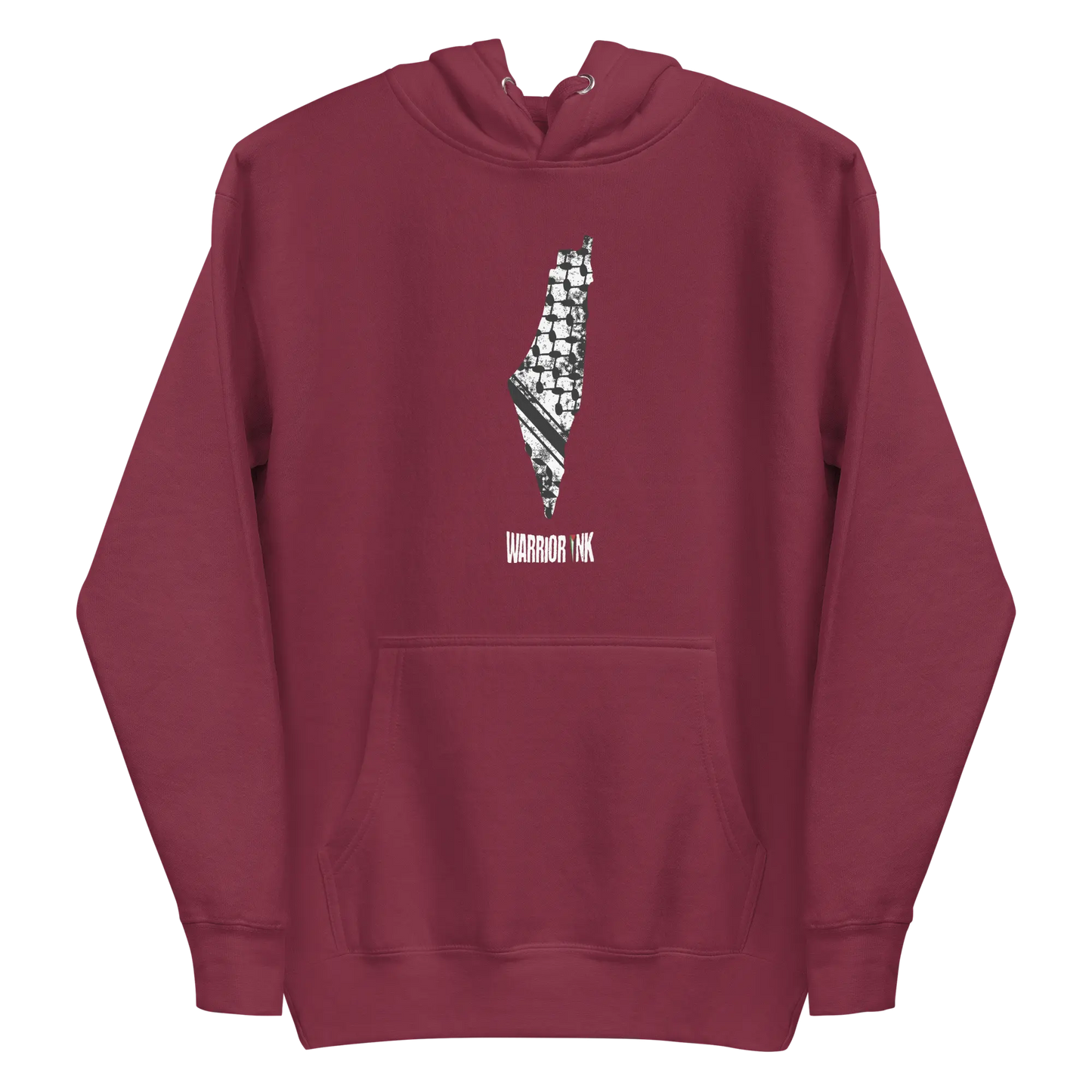 Maroon 7atta Map Palestine Hoodie showcasing the iconic Palestine map with intricate keffiyeh print and "7atta" text, representing unwavering strength.