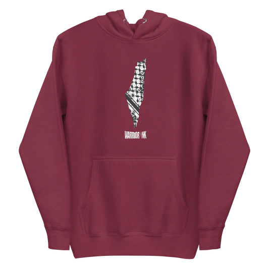 Maroon 7atta Map Palestine Hoodie showcasing the iconic Palestine map with intricate keffiyeh print and "7atta" text, representing unwavering strength.