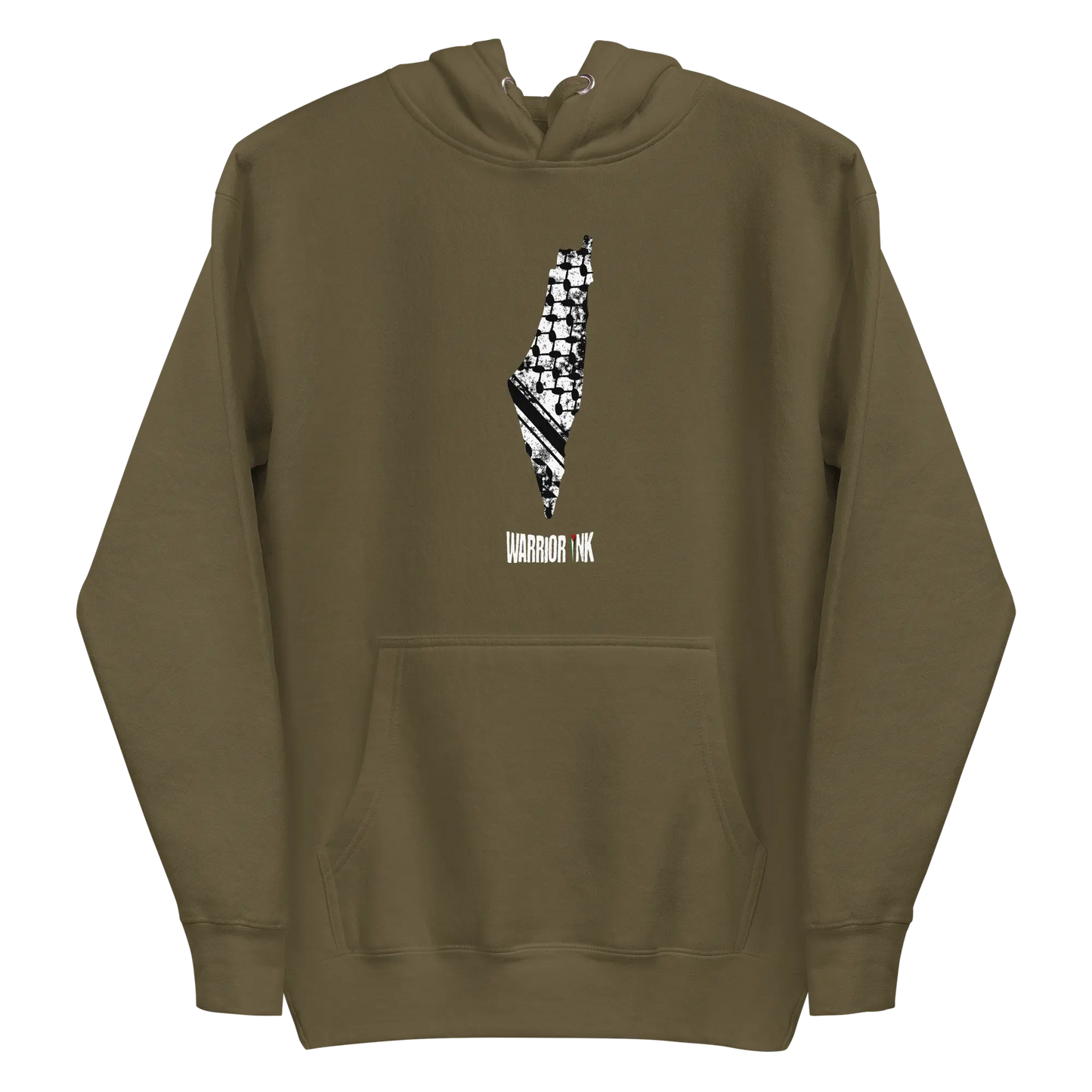 Military Green 7atta Map Palestine Hoodie representing Palestinian resistance, featuring keffiyeh detailing on the map and "7atta" branding.