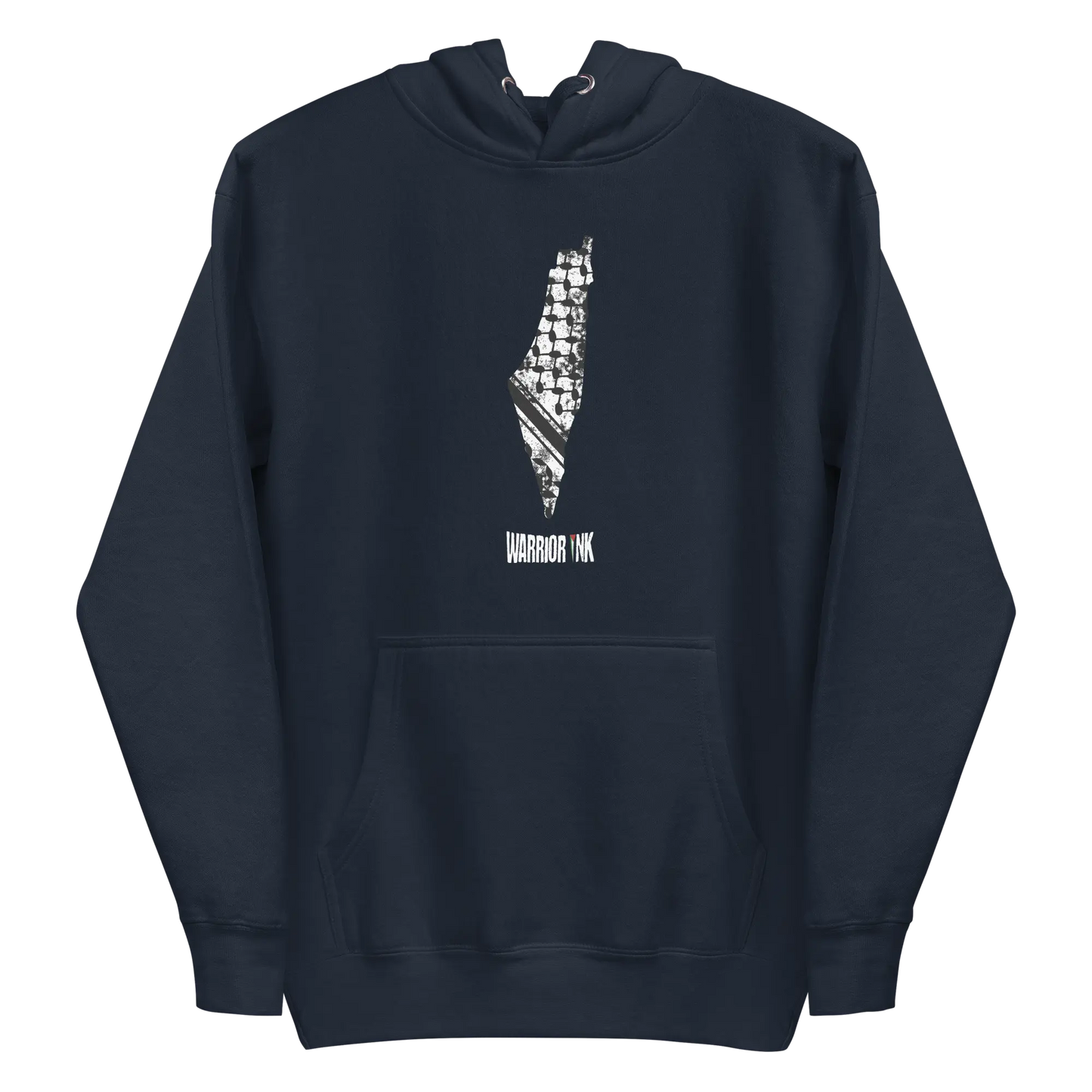 Navy Blue 7atta Map Palestine Hoodie with a bold Palestine map design, featuring keffiyeh patterns and "7atta" text for cultural pride.