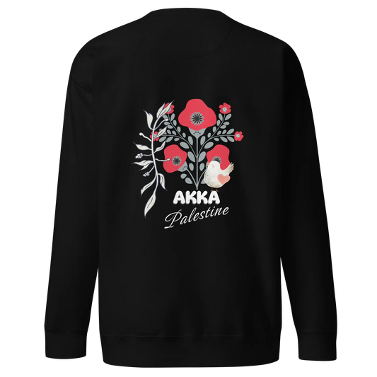 Akka Palestine Premium Sweatshirt (Back View) – Black sweatshirt featuring a hand-drawn design of Palestinian poppy flowers, an olive branch, and a dove, with "AKKA Palestine" in elegant script.