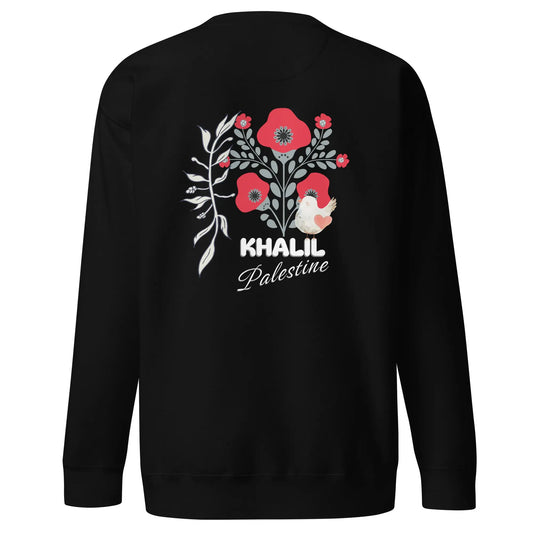 Khalil, Palestine sweatshirt – premium fleece sweater featuring Palestinian poppies, an olive branch, and a dove, symbolizing remembrance and resistance.