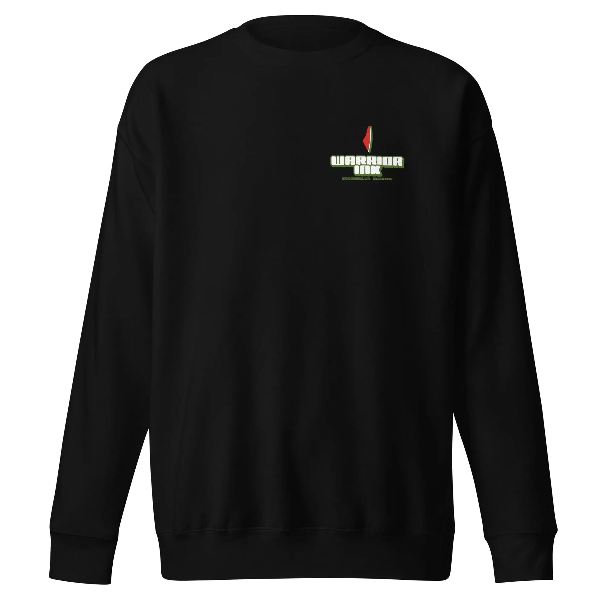 Warrior Ink Watermelon Edition sweatshirt – Palestinian-inspired logo in red, green, white, and black on soft fleece fabric.