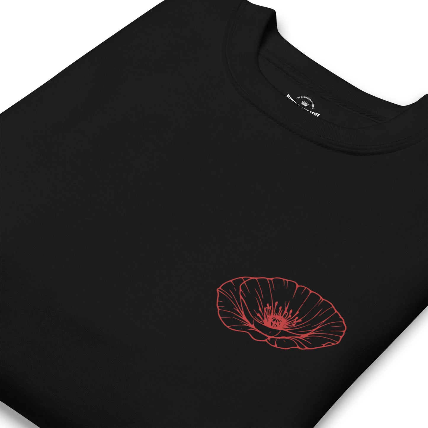 Close-up of red poppy detail on Palestine crewneck sweatshirt