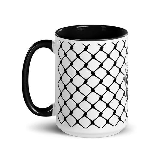 Keffiyeh ceramic mug with red interior and handle by Warrior Ink Apparel