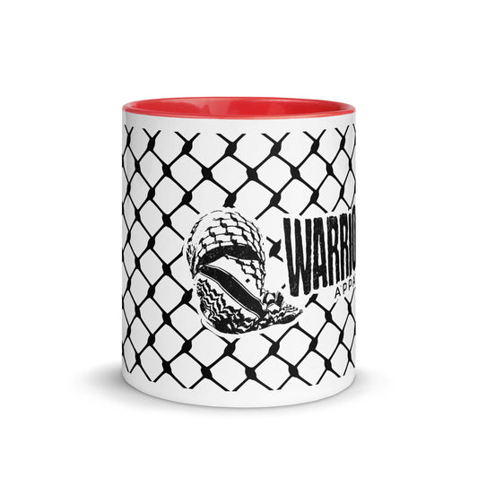Keffiyeh ceramic mug with red interior and handle by Warrior Ink Apparel