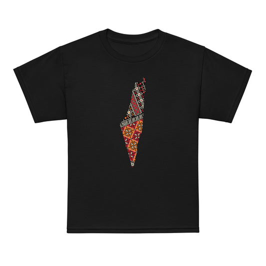 Palestine youth shirt featuring colorful map design with traditional tatreez-inspired patterns