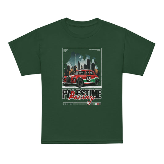 Palestine youth shirt featuring retro racing car with Palestinian colors and urban background