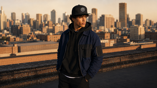 Model wearing MO HAMZ CREST Palestine flat bill cap from Warrior Ink Apparel