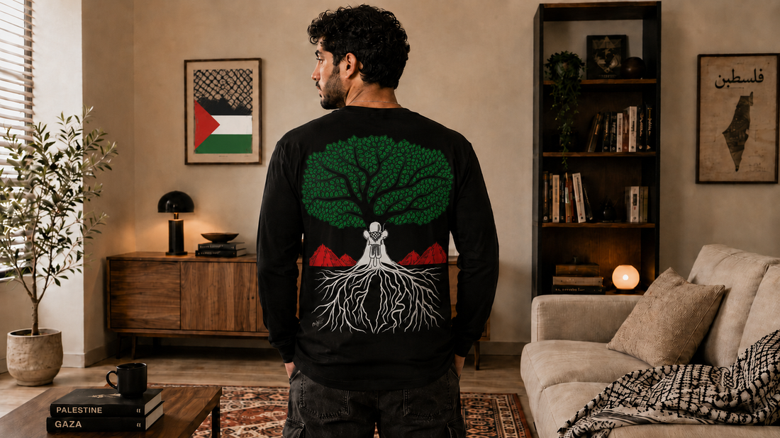 Model wearing EMBRACE YOUR ROOTS Palestine long sleeve shirt from the Mo Hamz Collection